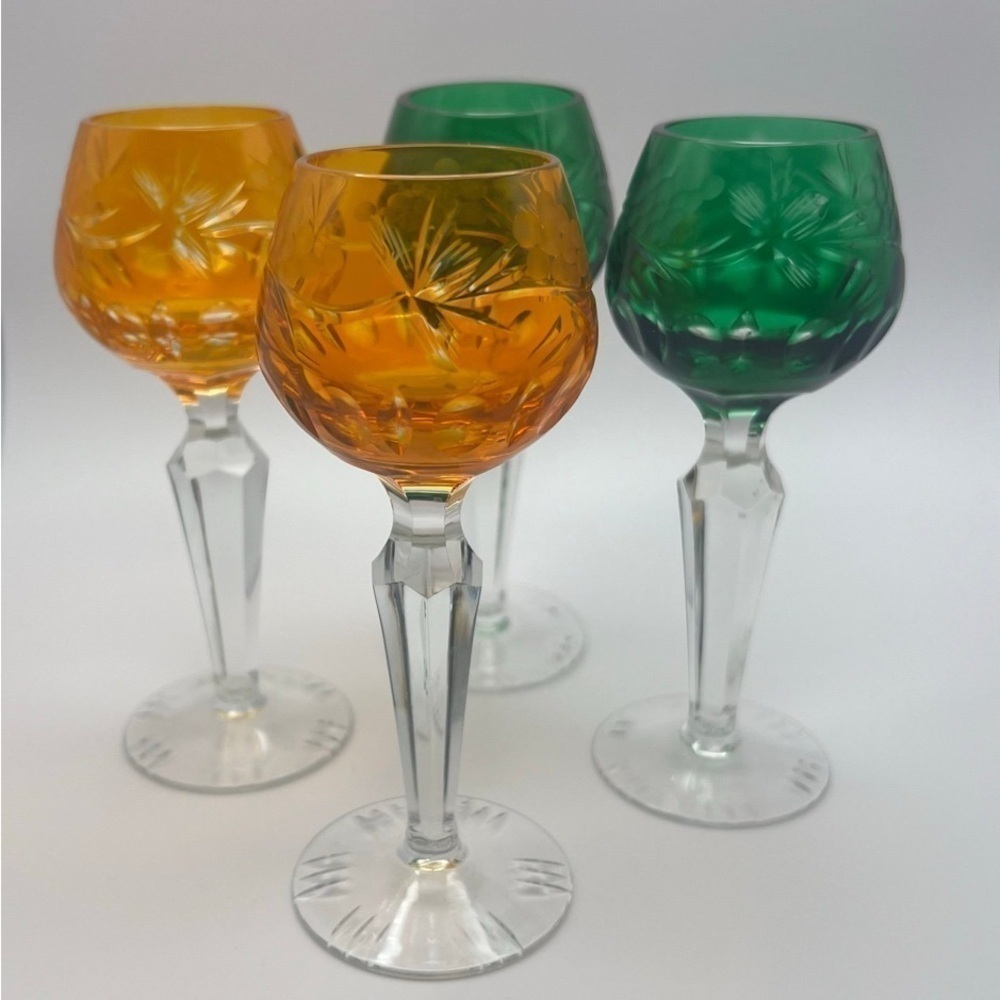 Handblown Crystal Cordial Glasses, Emerald Green and Orange - Picture 2 of 11